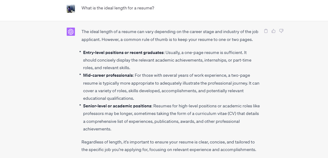 ChatGPT prompts for resume and ideal length