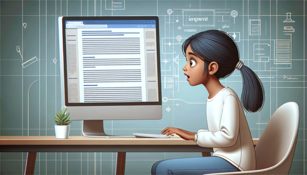 computer on a desk with long form content on the screen. A teenage girl sitting next to the computer looking amazed