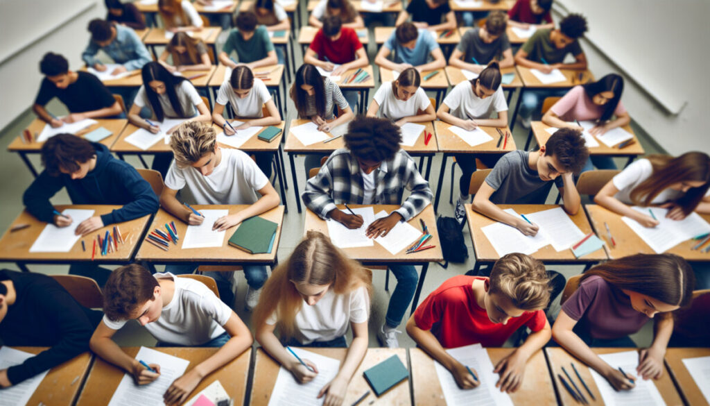 ariel view of teenage students at school exam writing essays
