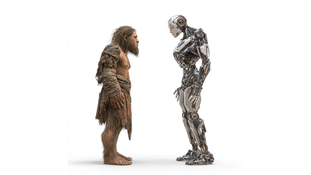 A Neanderthal and a robot standing and facing each other 