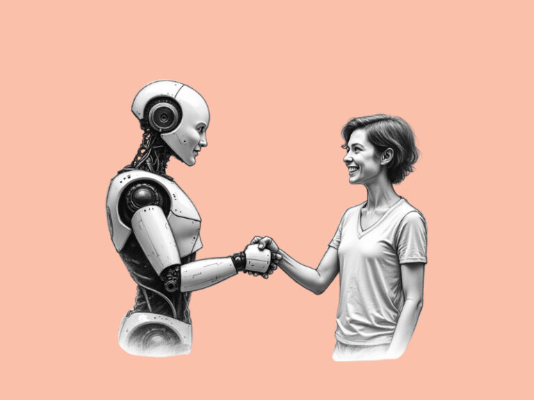 A robot shaking hands with a happy customer as a sign of great user experience