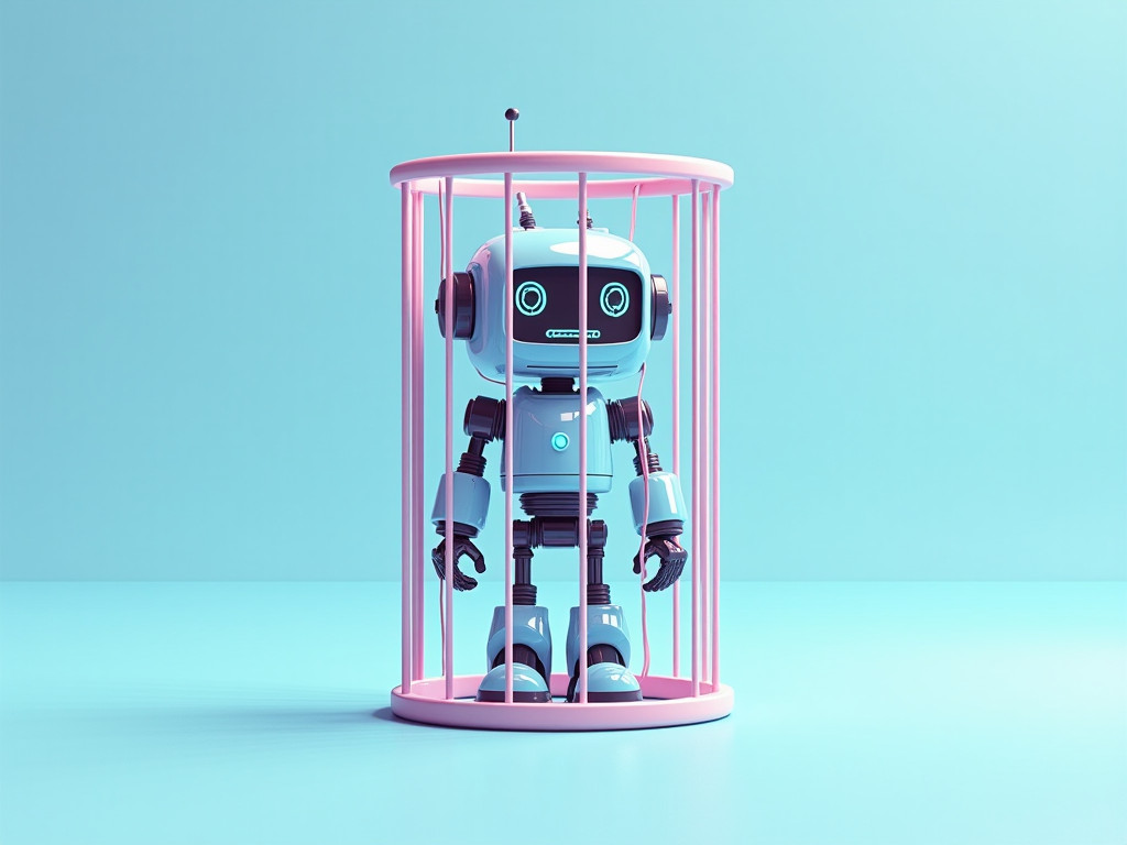 A robot in a cage to depict the limitations of AI in cybersecurity