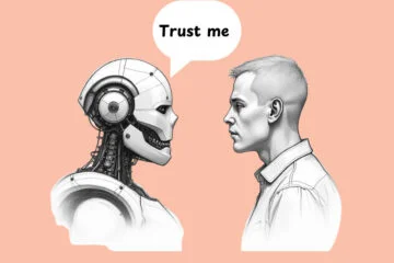 A robot asking a man to trust him. (Can We Trust AI?)