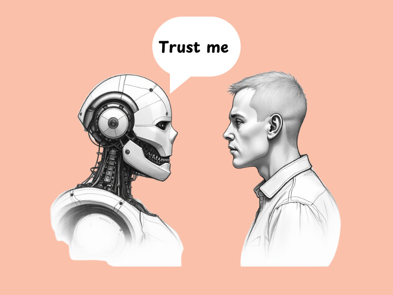 A robot asking a man to trust him. (Can We Trust AI?)