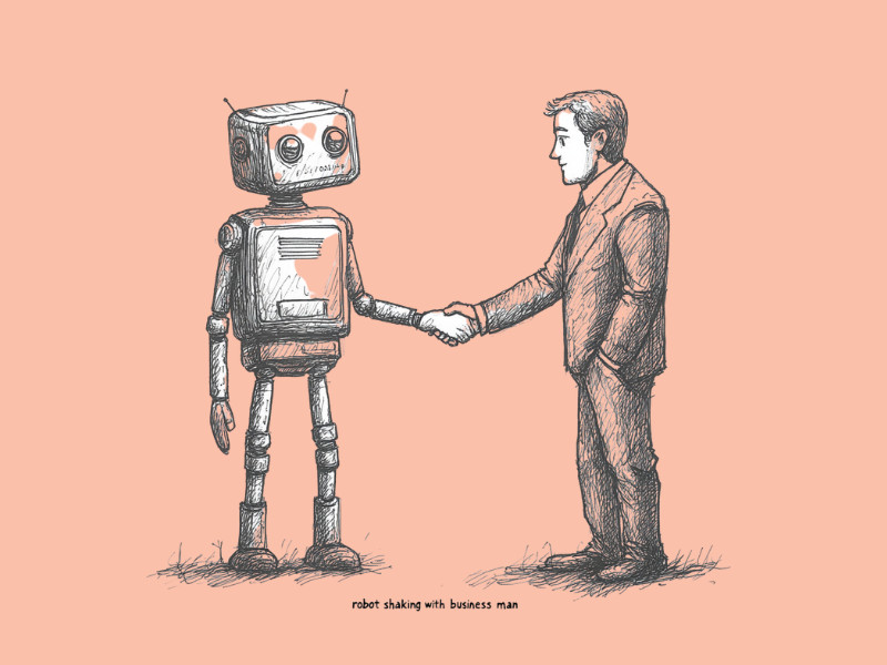 A business man and a robot shaking hands (Overchat.ai: The Ultimate AI Companion for Modern Professionals)