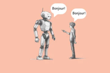 A robot teaching a human French (The Best AI Language Learning Apps Out There)