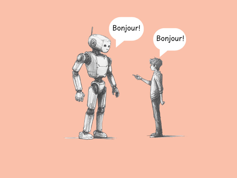 A robot teaching a human French (The Best AI Language Learning Apps Out There)