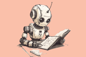 A picture of a robot studying to depict the topic 'Education Meets AI'