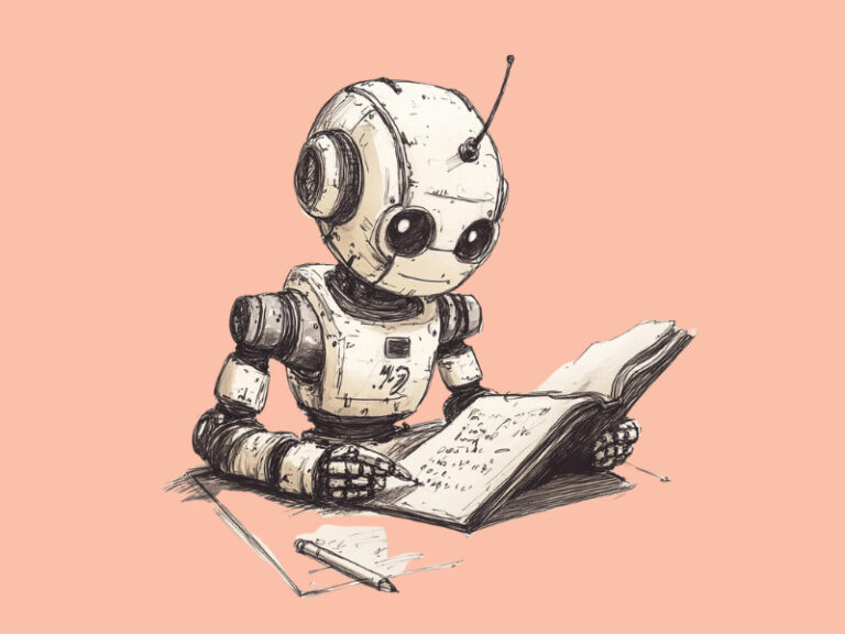 A picture of a robot studying to depict the topic 'Education Meets AI'