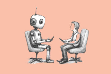 A robot, signifying AI Recruiters, conducting an interview