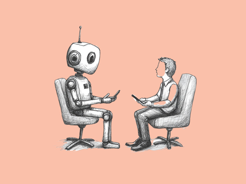 A robot, signifying AI Recruiters, conducting an interview