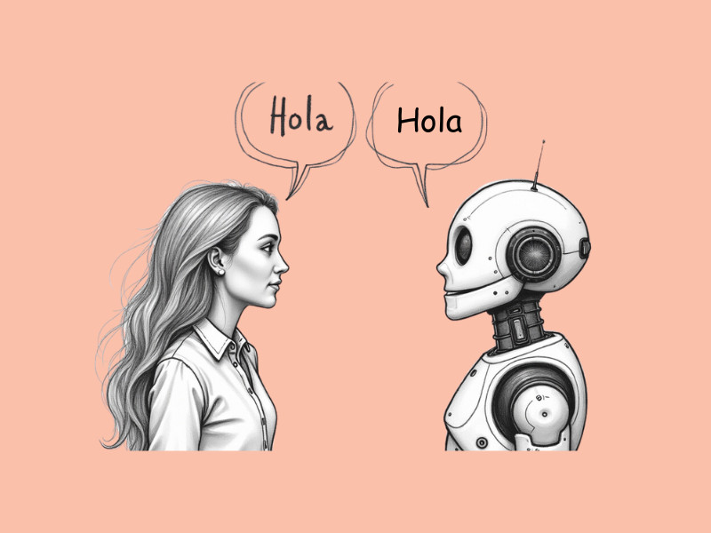 A robot and a woman speaking Spanish to each other (Langotalk Review)