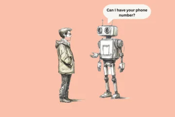 A robot asking a man for his phone number (OpenAI Now Allows Phone Number-Only ChatGPT Signups)