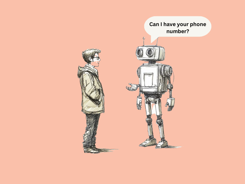 A robot asking a man for his phone number (OpenAI Now Allows Phone Number-Only ChatGPT Signups)