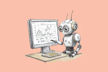 A robot looking at a data set on a computer screen (How AI Handles Large Data Sets: Optimizing Model Performance)