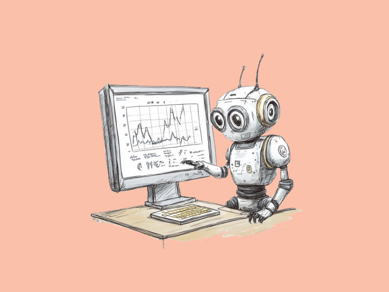 A robot looking at a data set on a computer screen (How AI Handles Large Data Sets: Optimizing Model Performance)