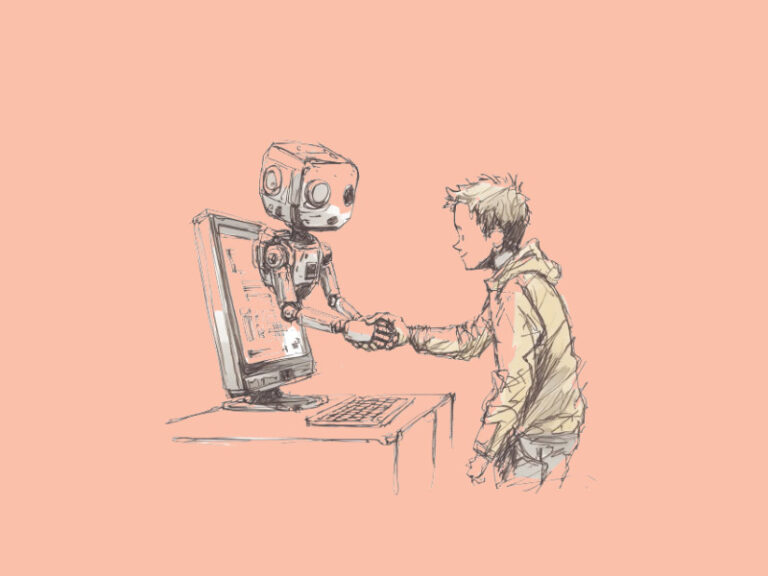 A young man shaking hands with a robot protruding from a computer screen (More men than women use ChatGPT)