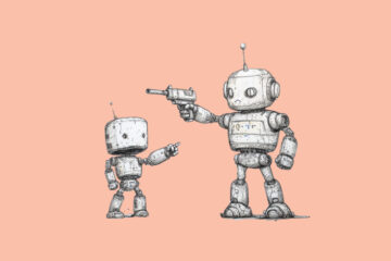 A robot pointing a gun at another robot with a raised arm (OpenAI Accuses Deepseek of Data Theft)