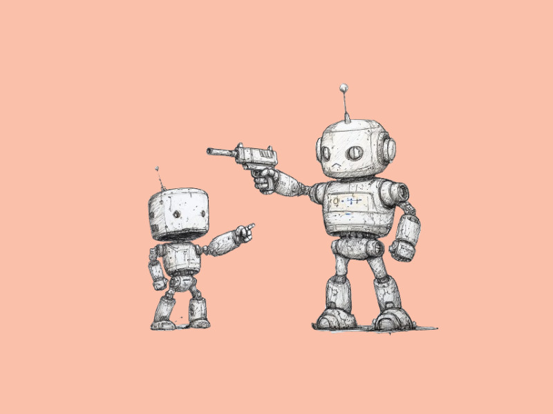 A robot pointing a gun at another robot with a raised arm (OpenAI Accuses Deepseek of Data Theft)