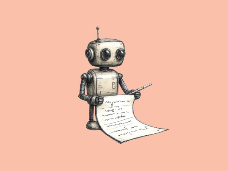 A robot writing on a long sheet of paper (Moonbeam AI Review: The Best Writing Tool There Is?)