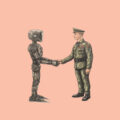 A robot shaking hands with an army officer (OpenAI Lets U.S. Labs Use Its AI for Nuclear Security and Research)