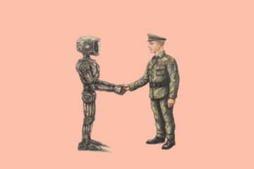 A robot shaking hands with an army officer (OpenAI Lets U.S. Labs Use Its AI for Nuclear Security and Research)