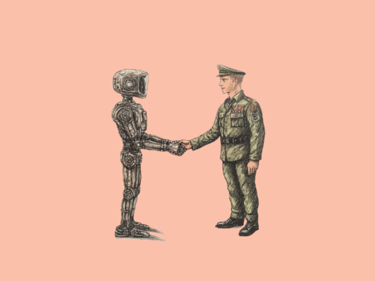 A robot shaking hands with an army officer (OpenAI Lets U.S. Labs Use Its AI for Nuclear Security and Research)