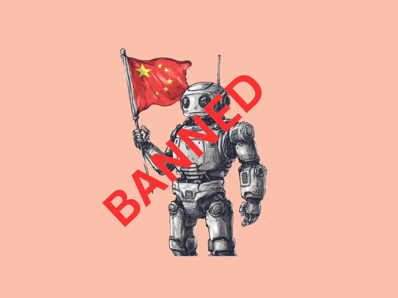 A robot holding a China flag with the word 'banned written across it (Taiwan Bans Government Use of Chinese AI, DeepSeek)'