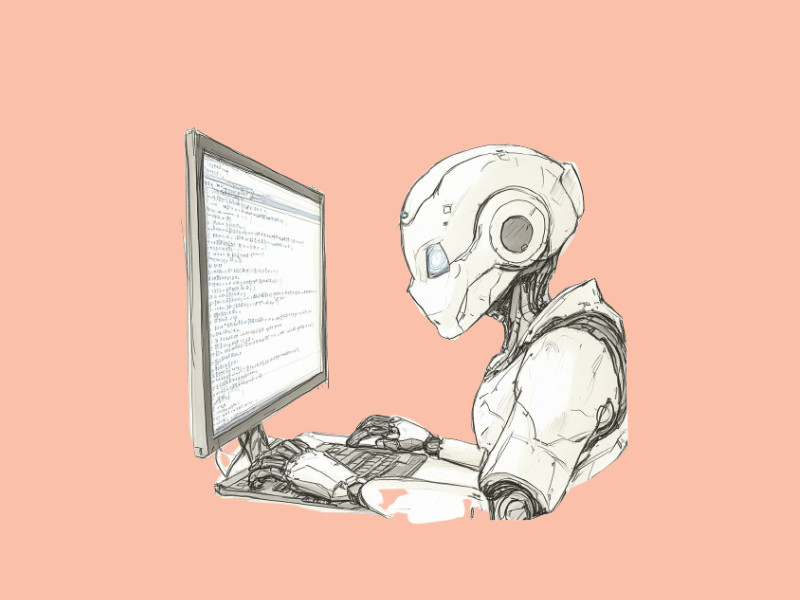 A robot writing lines of code (Replit Review: The Best AI Code Developer?)