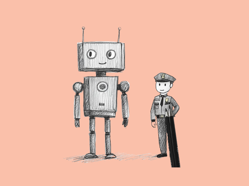 An image of a robot and a cop (Eric Schmidt, Former Google CEO, Calls for Global AI Regulation)