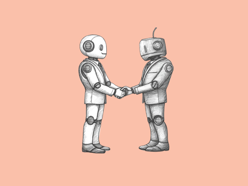 two robots in suits shaking hands (The End of AI Pin: HP Acquires Humane Assets for $116M)