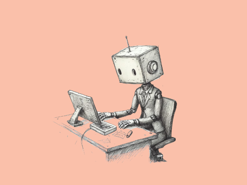 A robot in suit working at a desk (The Best AI Automation Tools for Small Businesses)