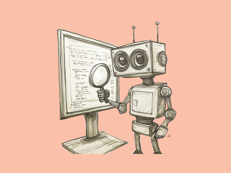 A robot using a magnifying glass to look through a screen of information (Perplexity Reveals Plans for Web Browser, Comet)