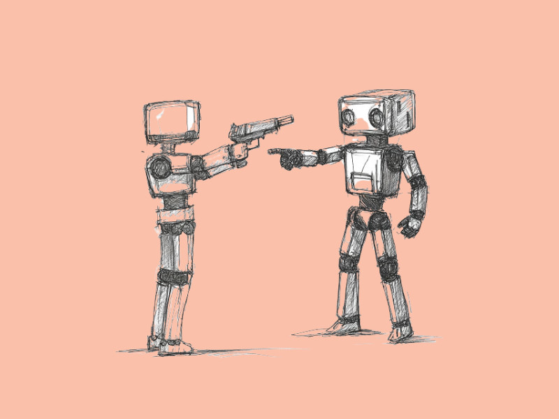 A robot pointing a gun at another robot (Nvidia Isn't Threatened by DeepSeek)