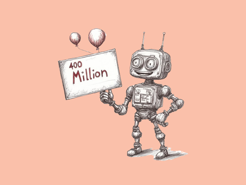 A robot holding balloons and a sign that reads "400 Million" (ChatGPT Now has 400 Million Weekly Users)