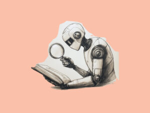 A robot searching through a book with a magnifying lens (Microsoft Is Releasing Its Deep Research Tools)