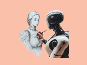 A robot making a drawing of a woman (OpenAI Delays Free Access to ChatGPT's Image Generator)
