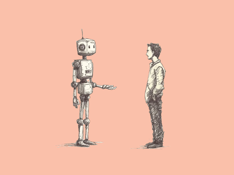 A robot and a young man having a conversation (Botify AI review)