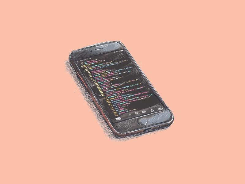 An iOS phone with lines of code on the screen (Rork)