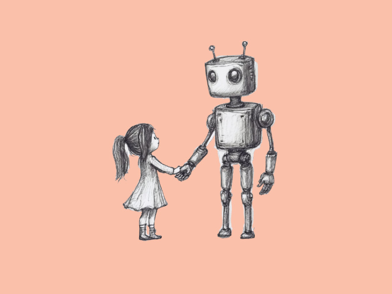 A little girl holding the hands of a robot (Pi AI as an AI companion)