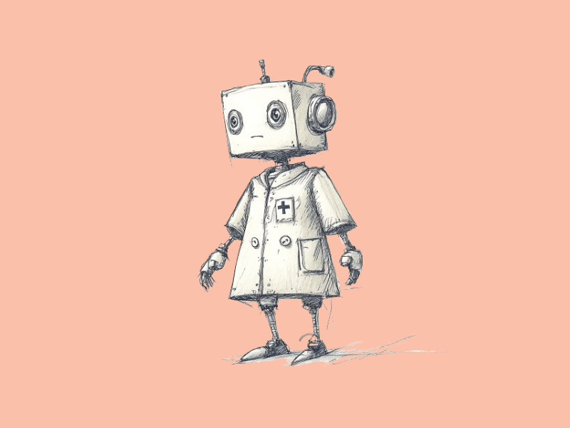 A robot (to illustrate an AI chatbot) dressed as a doctor