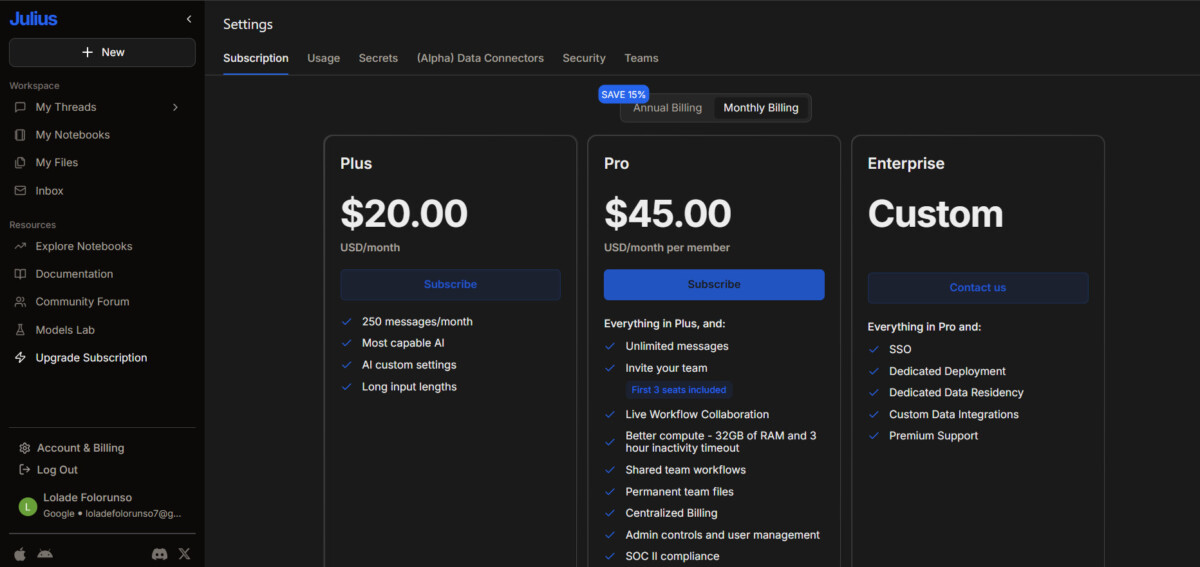 Julius AI pricing