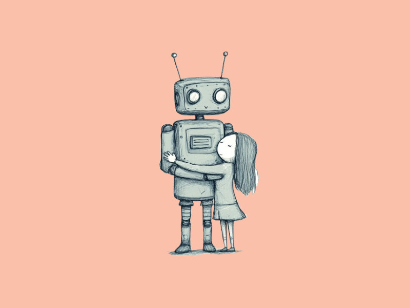 An IA-generated image of a little girl hugging a robot to illustrate a relationship with a Character AI