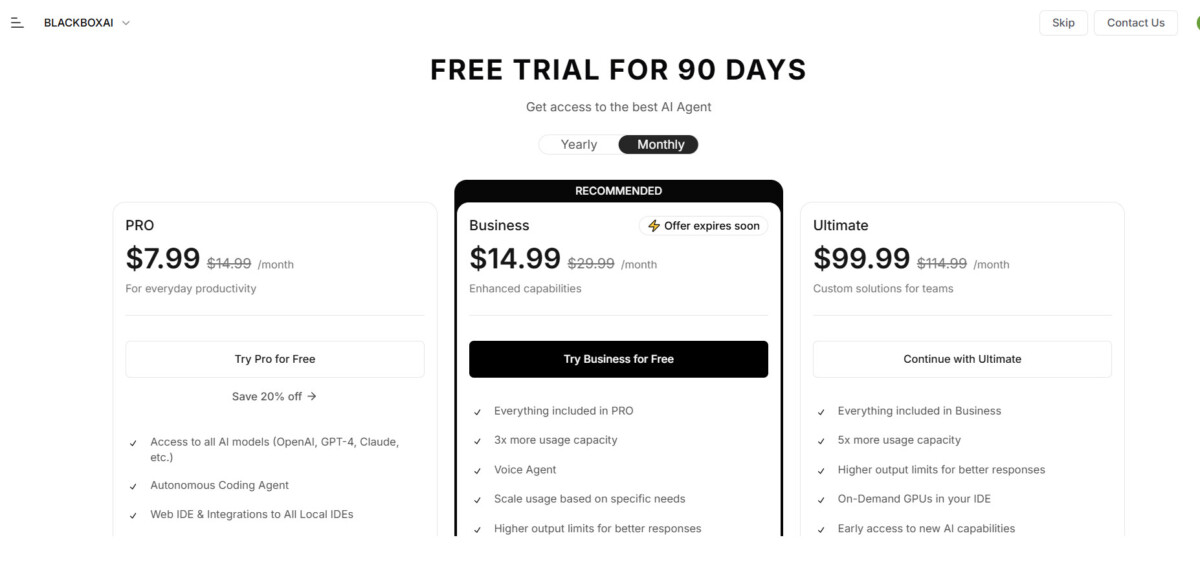 BlackBox AI pricing