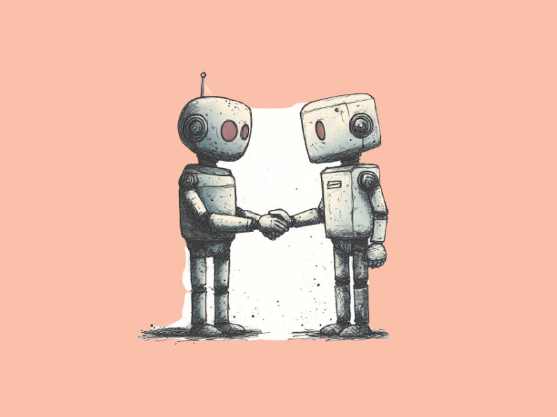 Two robots shaking hands (Replit partners with Microsoft)