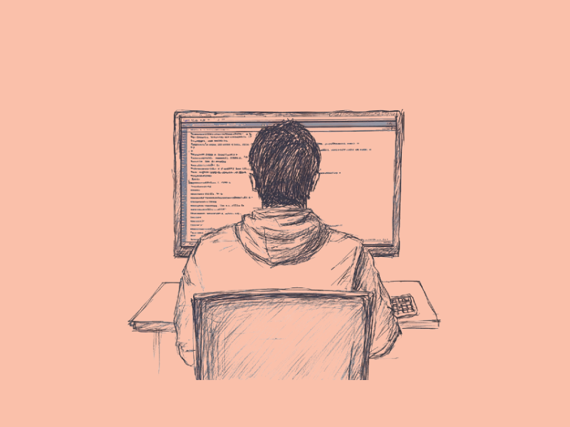 A developer sitting in front of a computer displaying an AI coding tool (GitHub Copilot)