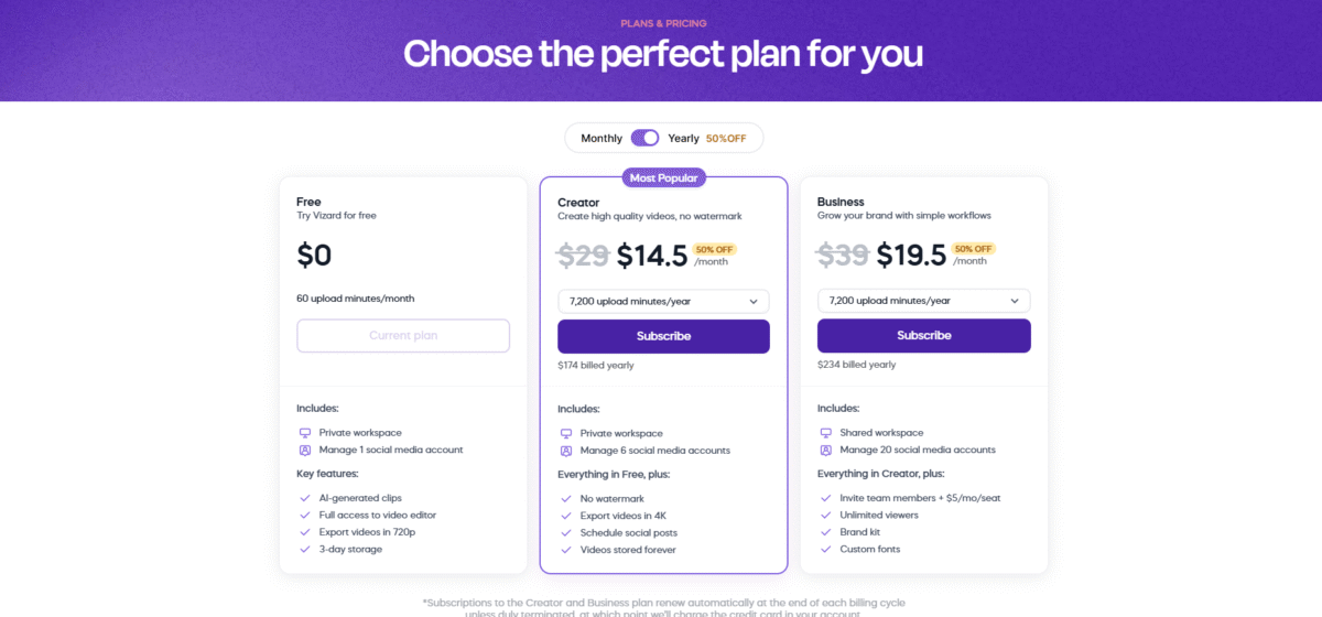 Vizard AI pricing