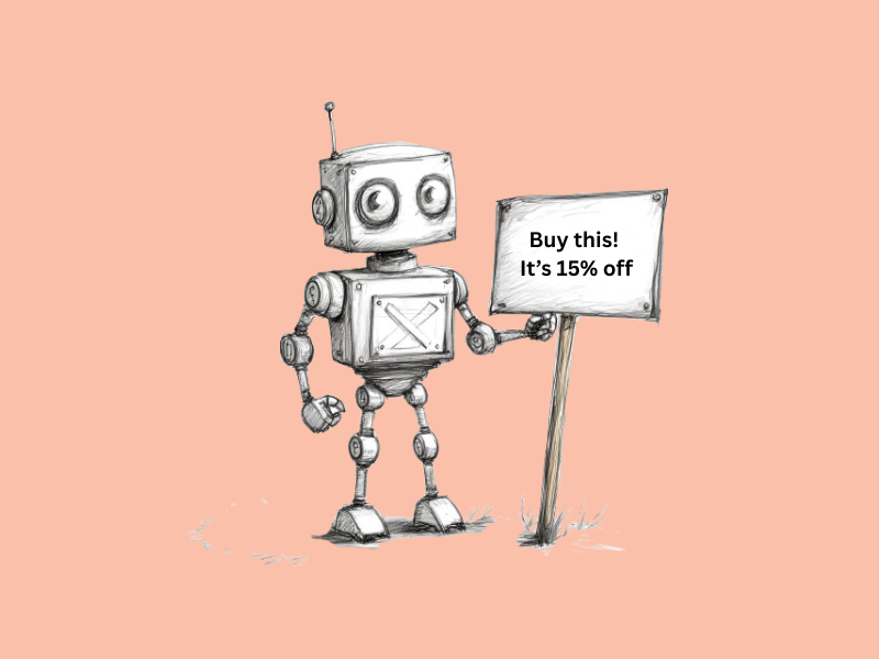 A robot holding a 'buy this' sign (Amazon)
