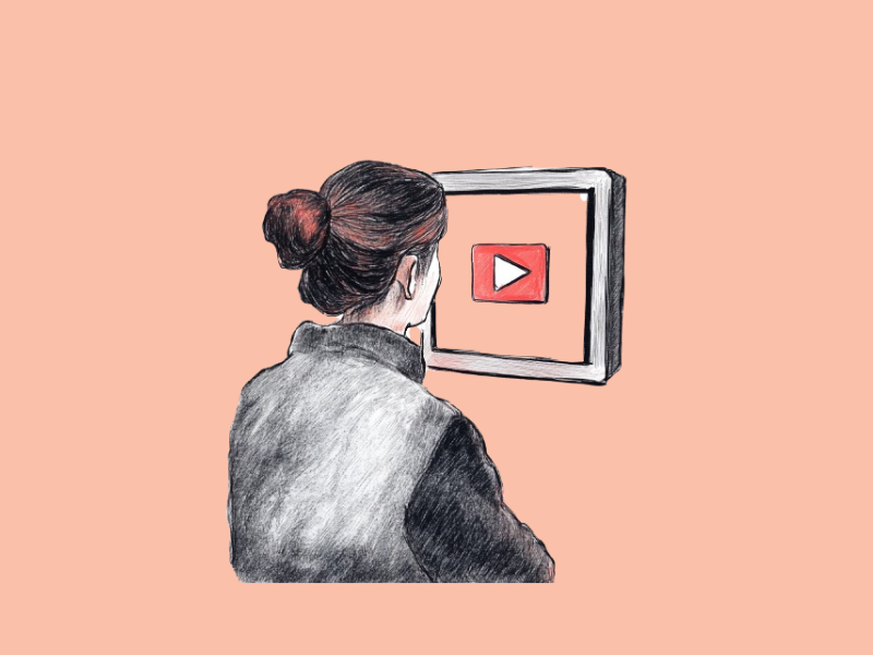 A woman staring at a video thumbnail