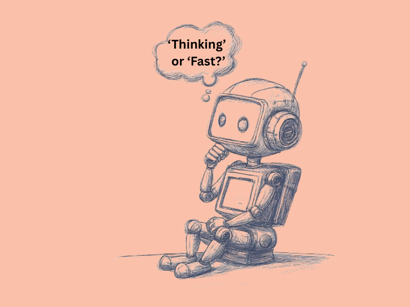 An illustration of a humanoid ChatGPT trying to choose between GPT models.